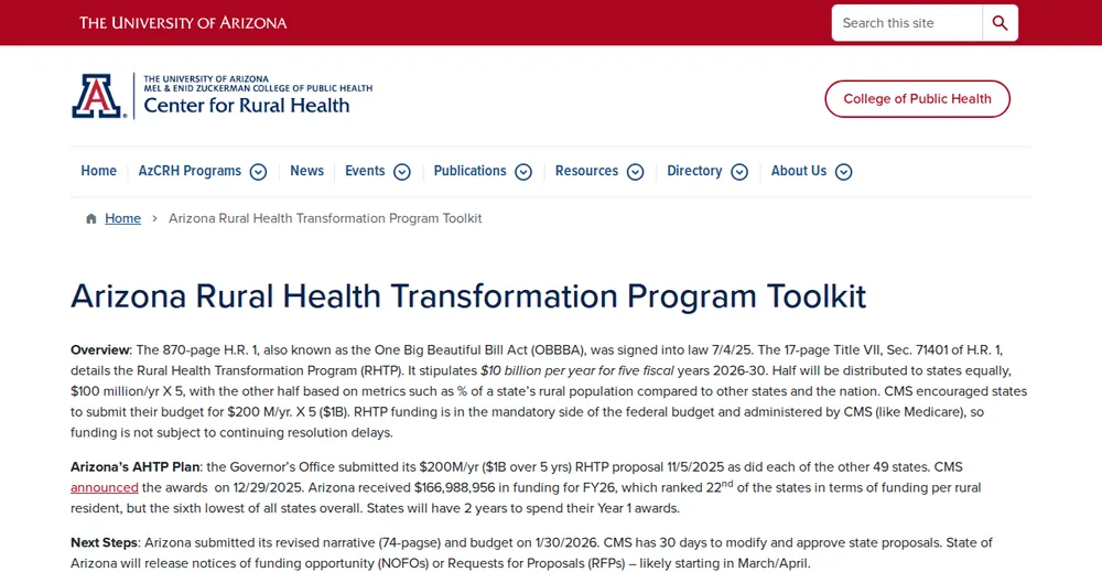Screenshot of the top of Arizona's official Rural Health Transformation Program page at azahcccs.gov, the state's primary RHTP source.