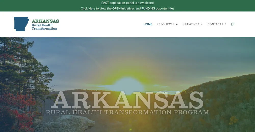 Screenshot of the top of Arkansas's official Rural Health Transformation Program page at arkansasrhtp.com, the state's primary RHTP source.