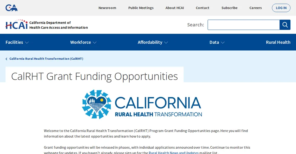 Screenshot of the top of California's official Rural Health Transformation Program page at hcai.ca.gov, the state's primary RHTP source.