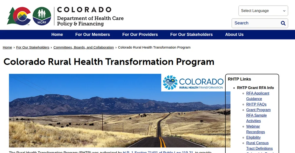 Screenshot of the top of Colorado's official Rural Health Transformation Program page at hcpf.colorado.gov, the state's primary RHTP source.