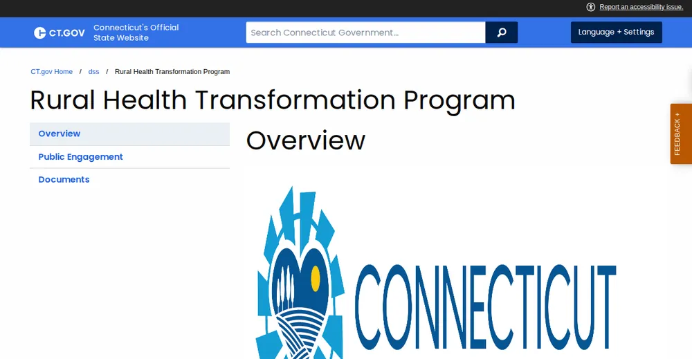 Screenshot of the top of Connecticut's official Rural Health Transformation Program page at portal.ct.gov, the state's primary RHTP source.