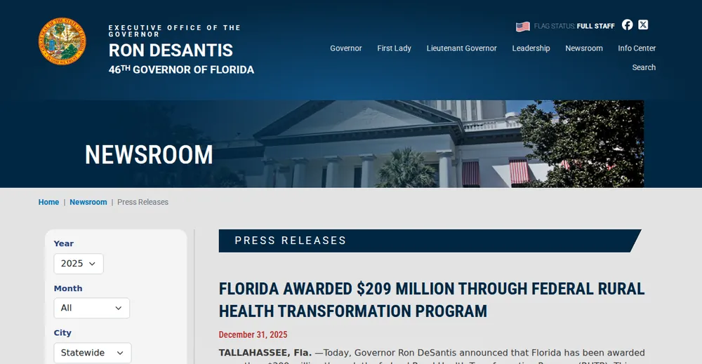 Screenshot of the top of Florida's official Rural Health Transformation Program page at ahca.myflorida.com, the state's primary RHTP source.