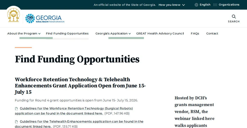 Screenshot of the top of Georgia's official Rural Health Transformation Program page at greathealth.georgia.gov, the state's primary RHTP source.