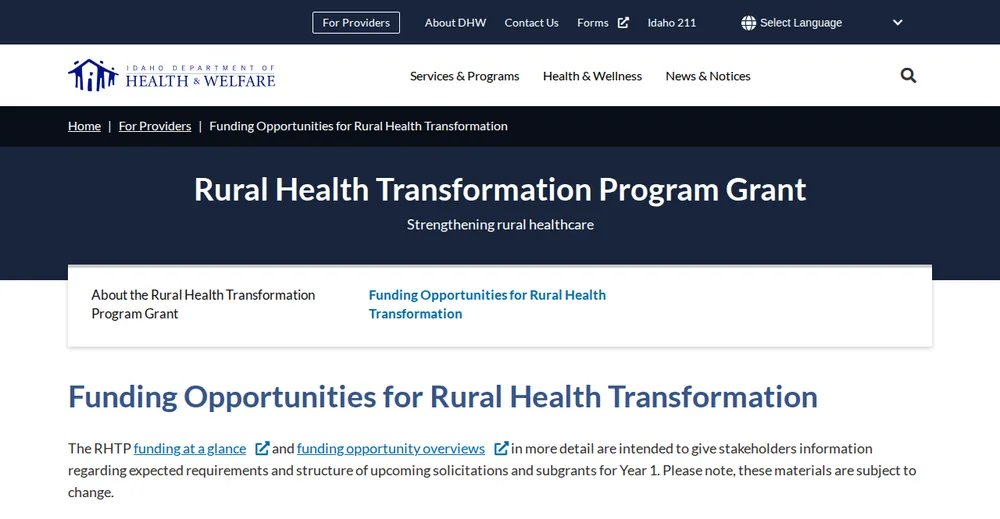 Screenshot of the top of Idaho's official Rural Health Transformation Program page at healthandwelfare.idaho.gov, the state's primary RHTP source.