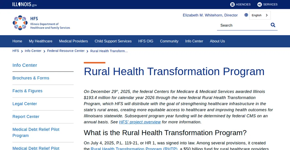 Screenshot of the top of Illinois's official Rural Health Transformation Program page at hfs.illinois.gov, the state's primary RHTP source.