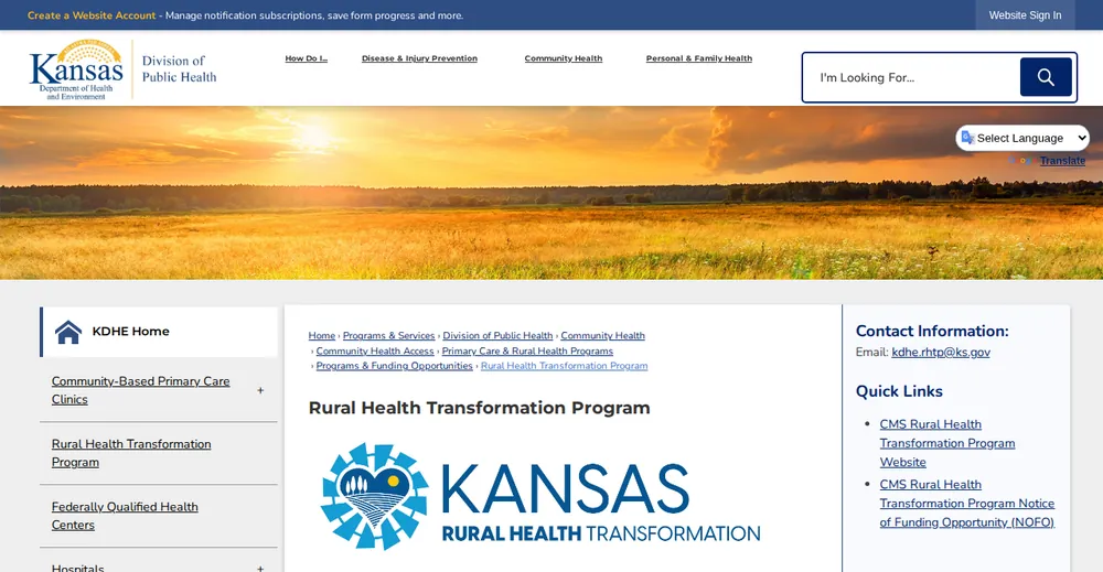 Screenshot of the top of Kansas's official Rural Health Transformation Program page at kdhe.ks.gov, the state's primary RHTP source.