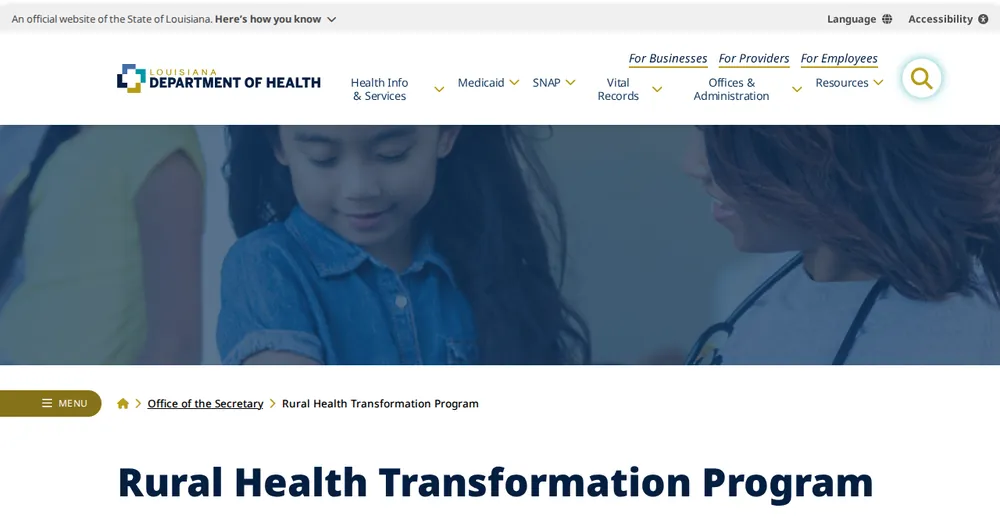 Screenshot of the top of Louisiana's official Rural Health Transformation Program page at ldh.la.gov, the state's primary RHTP source.