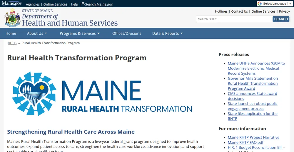 Screenshot of the top of Maine's official Rural Health Transformation Program page at maine.gov, the state's primary RHTP source.