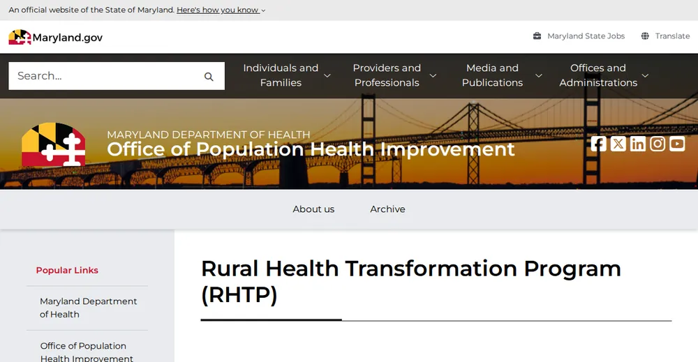 Screenshot of the top of Maryland's official Rural Health Transformation Program page at health.maryland.gov, the state's primary RHTP source.