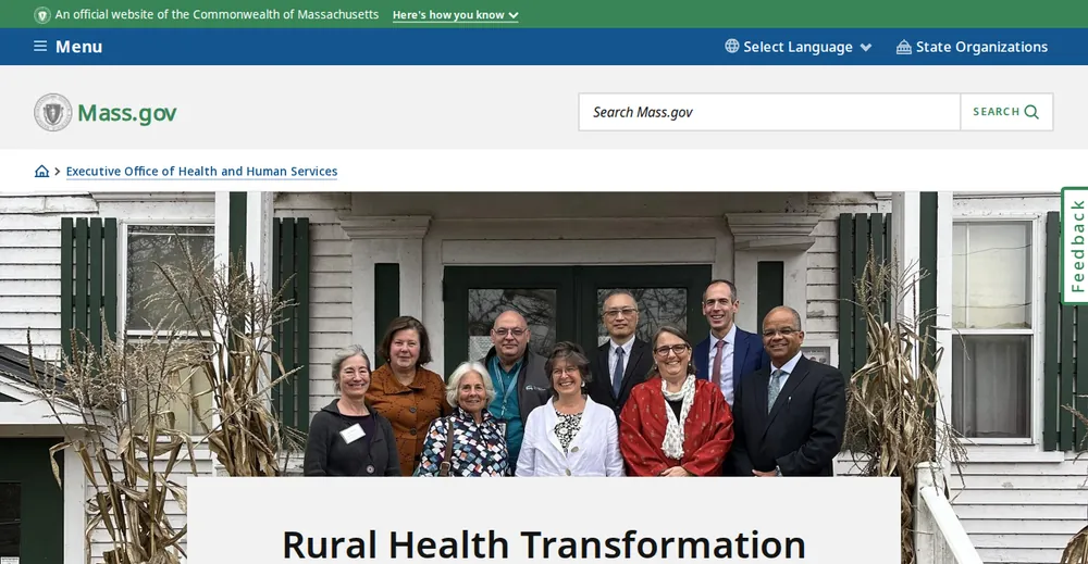 Screenshot of the top of Massachusetts's official Rural Health Transformation Program page at mass.gov, the state's primary RHTP source.