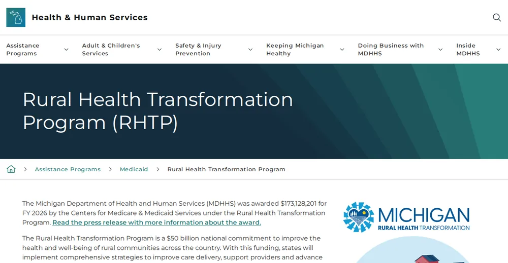 Screenshot of the top of Michigan's official Rural Health Transformation Program page at michigan.gov, the state's primary RHTP source.