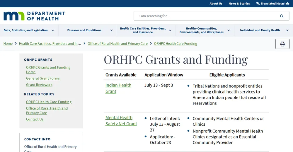 Screenshot of the top of Minnesota's official Rural Health Transformation Program page at health.state.mn.us, the state's primary RHTP source.