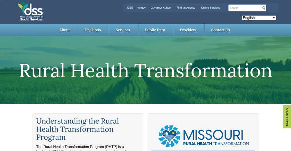 Screenshot of the top of Missouri's official Rural Health Transformation Program page at mydss.mo.gov, the state's primary RHTP source.