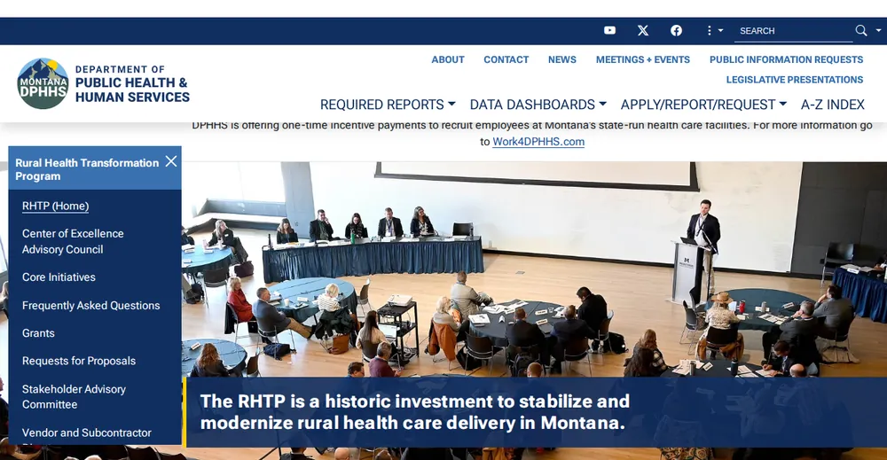 Screenshot of the top of Montana's official Rural Health Transformation Program page at dphhs.mt.gov, the state's primary RHTP source.
