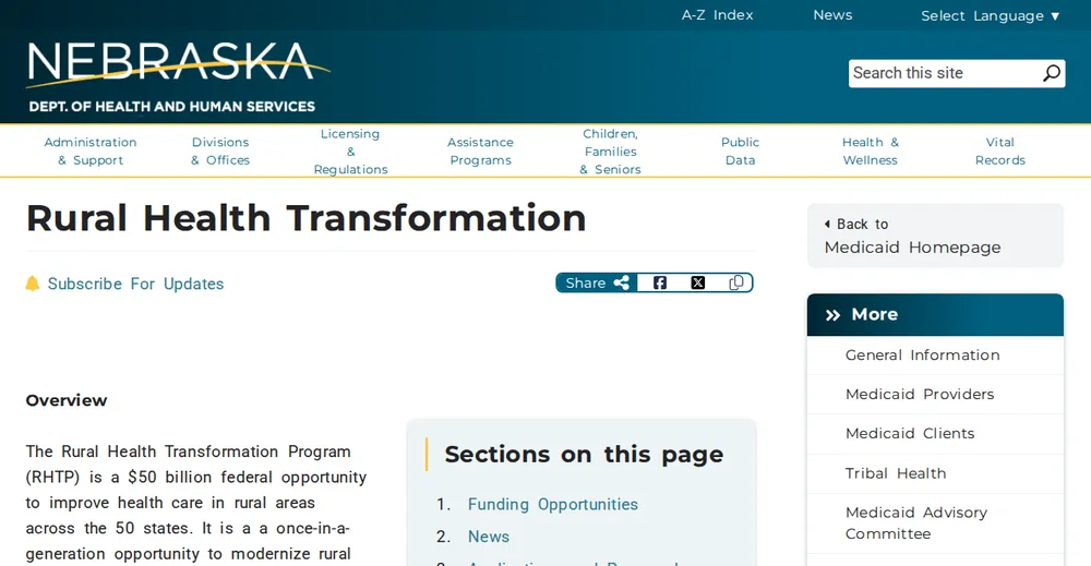 Screenshot of the top of Nebraska's official Rural Health Transformation Program page at dhhs.ne.gov, the state's primary RHTP source.