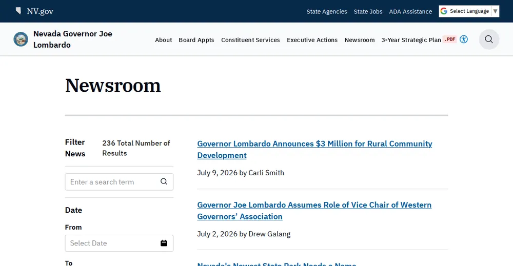 Screenshot of the top of Nevada's official Rural Health Transformation Program page at nvha.nv.gov, the state's primary RHTP source.