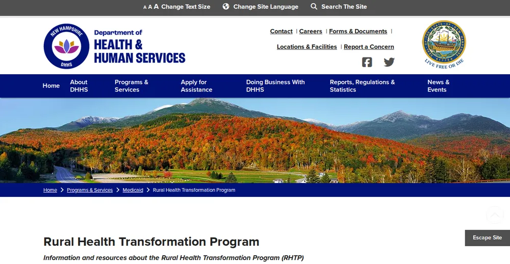 Screenshot of the top of New Hampshire's official Rural Health Transformation Program page at dhhs.nh.gov, the state's primary RHTP source.