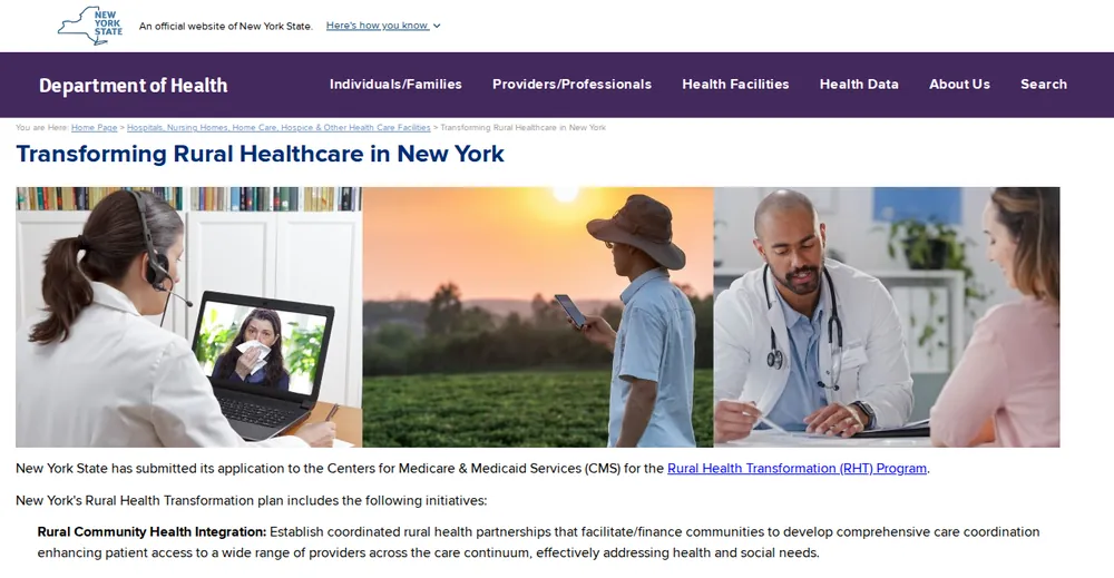 Screenshot of the top of New York's official Rural Health Transformation Program page at health.ny.gov, the state's primary RHTP source.