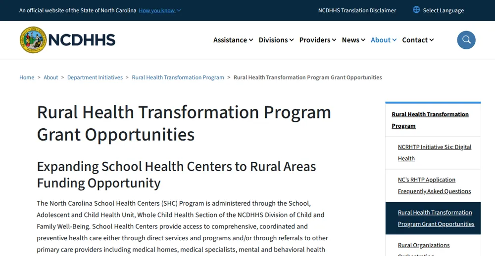 Screenshot of the top of North Carolina's official Rural Health Transformation Program page at ncdhhs.gov, the state's primary RHTP source.