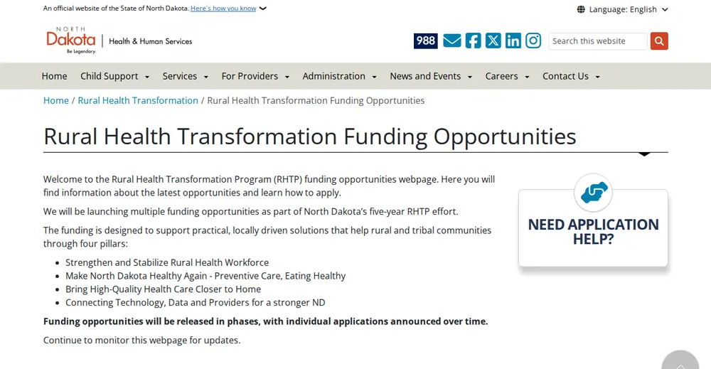 Screenshot of the top of North Dakota's official Rural Health Transformation Program page at hhs.nd.gov, the state's primary RHTP source.