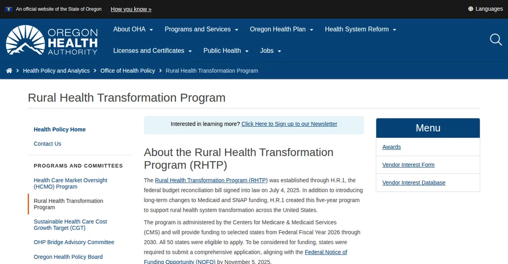 Screenshot of the top of Oregon's official Rural Health Transformation Program page at oregon.gov, the state's primary RHTP source.