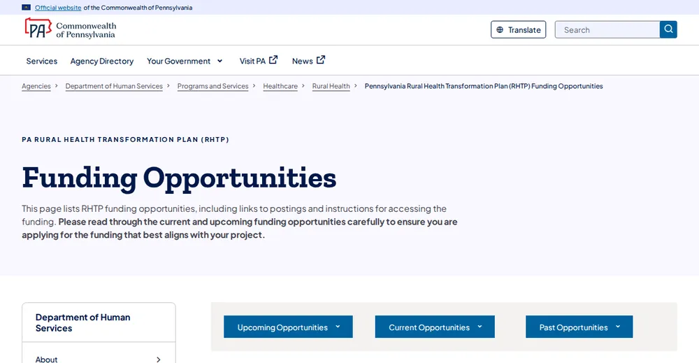 Screenshot of the top of Pennsylvania's official Rural Health Transformation Program page at pa.gov, the state's primary RHTP source.