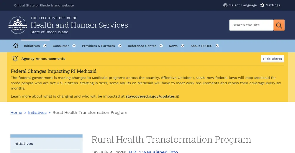Screenshot of the top of Rhode Island's official Rural Health Transformation Program page at eohhs.ri.gov, the state's primary RHTP source.