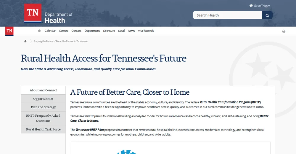 Screenshot of the top of Tennessee's official Rural Health Transformation Program page at tn.gov, the state's primary RHTP source.