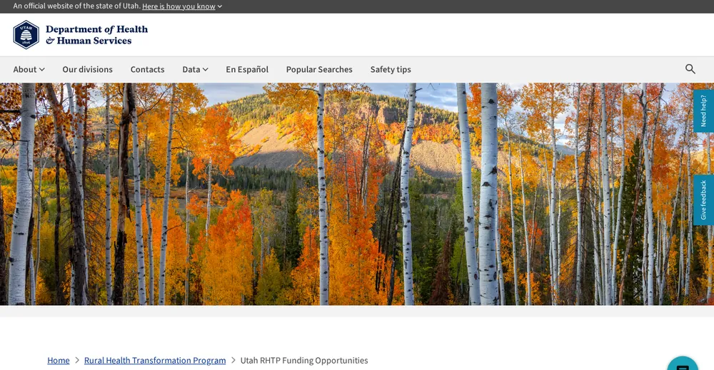 Screenshot of the top of Utah's official Rural Health Transformation Program page at dhhs.utah.gov, the state's primary RHTP source.