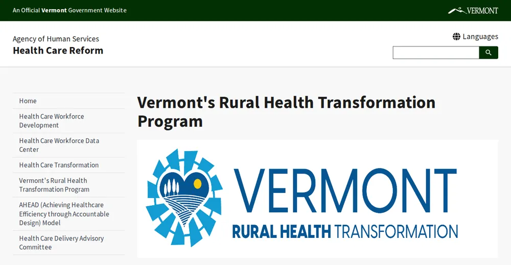 Screenshot of the top of Vermont's official Rural Health Transformation Program page at healthcarereform.vermont.gov, the state's primary RHTP source.