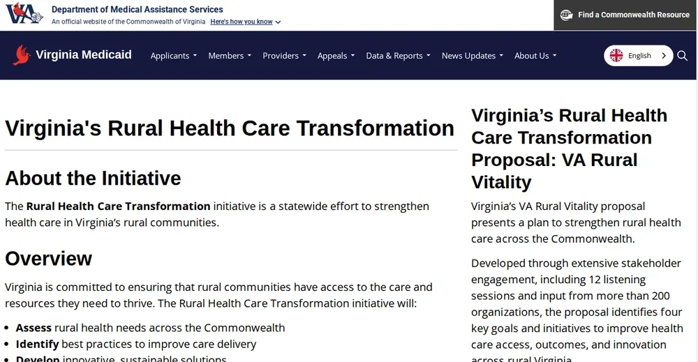 Screenshot of the top of Virginia's official Rural Health Transformation Program page at ruralhealthtransformationva.virginia.gov, the state's primary RHTP source.