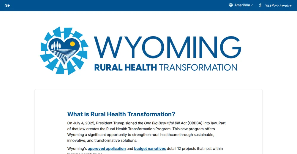 Screenshot of the top of Wyoming's official Rural Health Transformation Program page at health.wyo.gov, the state's primary RHTP source.